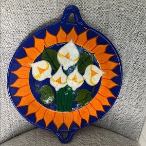 Mexico Talavera handle plate VTG Lilly Sunflower glazed floral reversible 12”